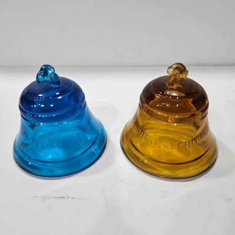 Vintage Blue and Amber Glass Telephone Centennial Bells - Set of 2